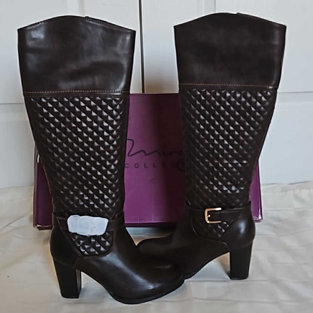 Mirage Collection Women's Faux Leather Quilted Heel Zip-Up Tall Boots Brown 8